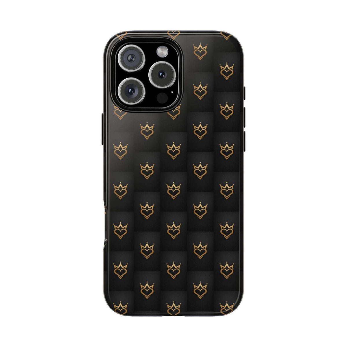 Glossy black phone case with gold crowned heart doodle pattern, centered triple camera cutout.