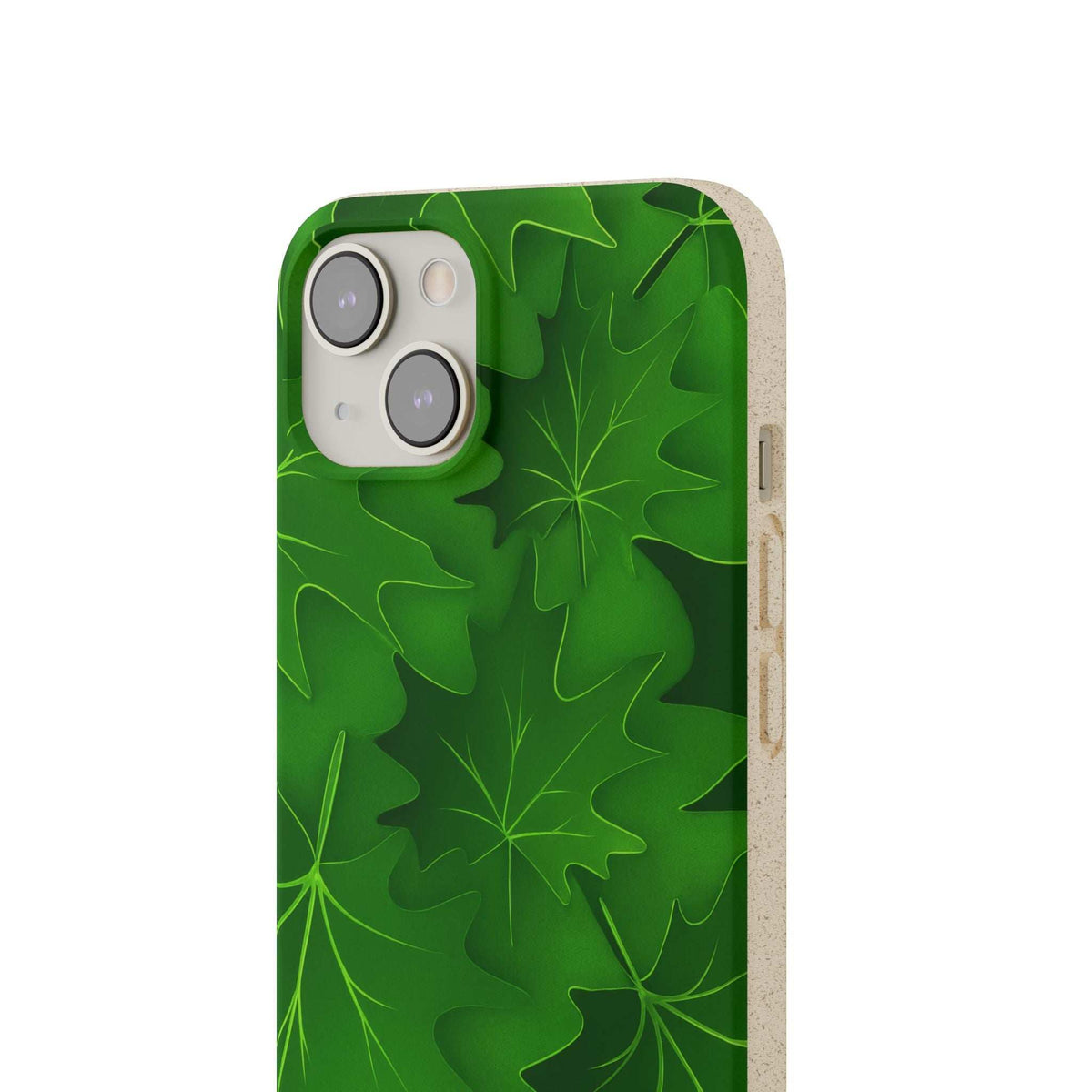 Green leaf-pattern phone case with dual camera cutouts and beige side protection