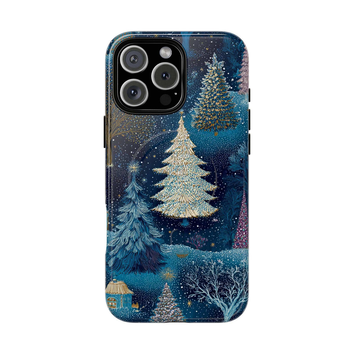 Glossy blue phone case with gold pine trees, snowy forest scene, camera cutouts.