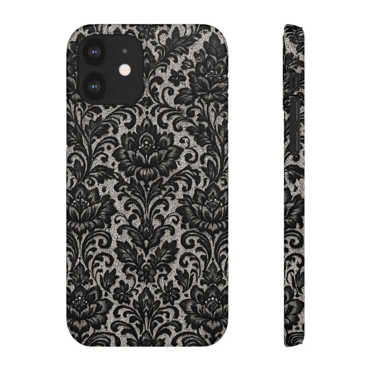 Black damask floral phone case back with camera openings and slim side panel
