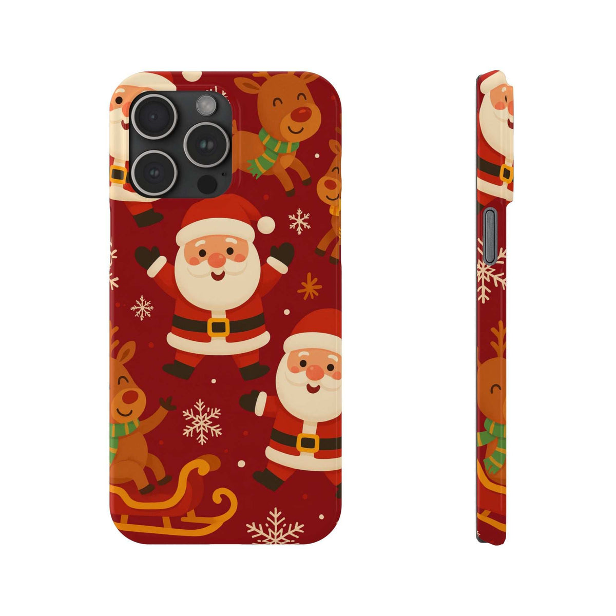 Red festive phone case with Santa and gingerbread; raised camera module cutouts.
