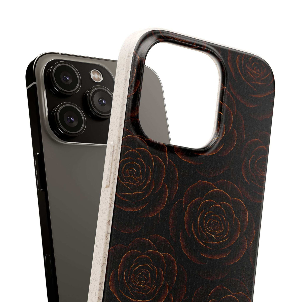 Dark rose-pattern phone case with protective camera cutout and textured finish