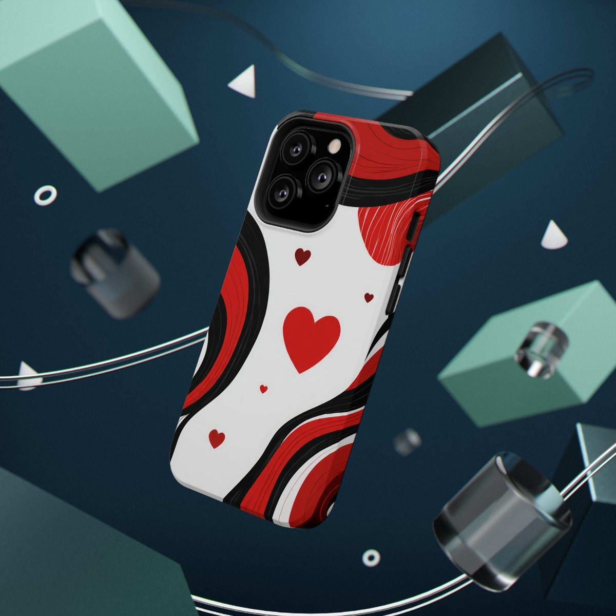 Heart and wave print phone case in red, white, and black; triple camera cutouts