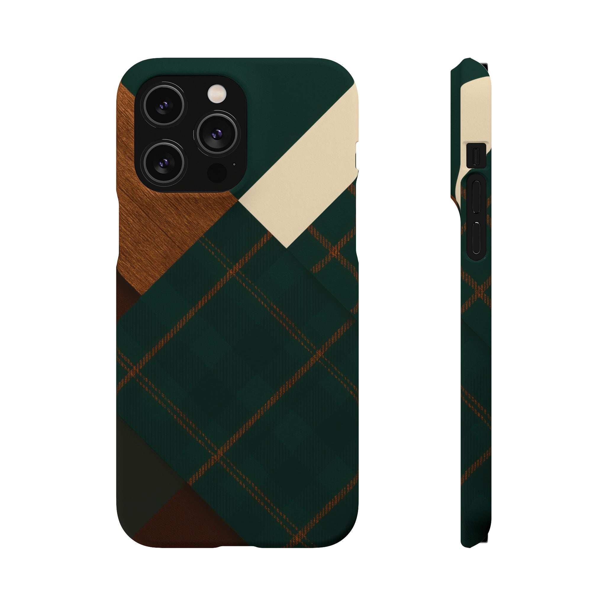 Phone case with dark green, tan, and plaid geometric pattern; dual camera cutouts
