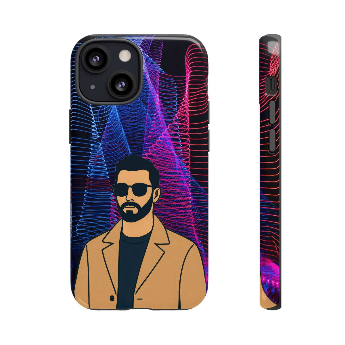 Glossy phone case with bearded man portrait; neon blue and pink wavy line graphic