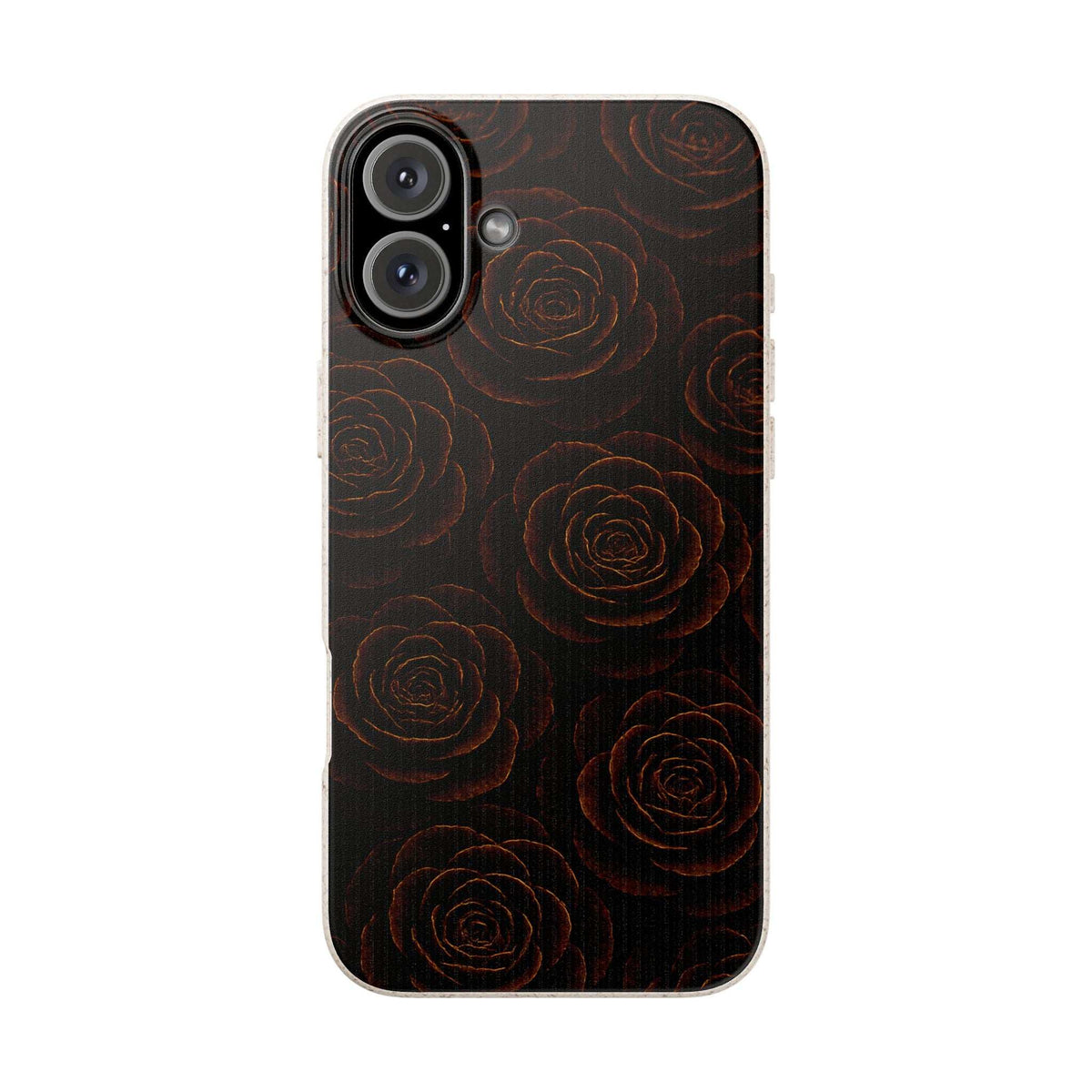 Dark phone case with repeating rose design and protected camera module openings.