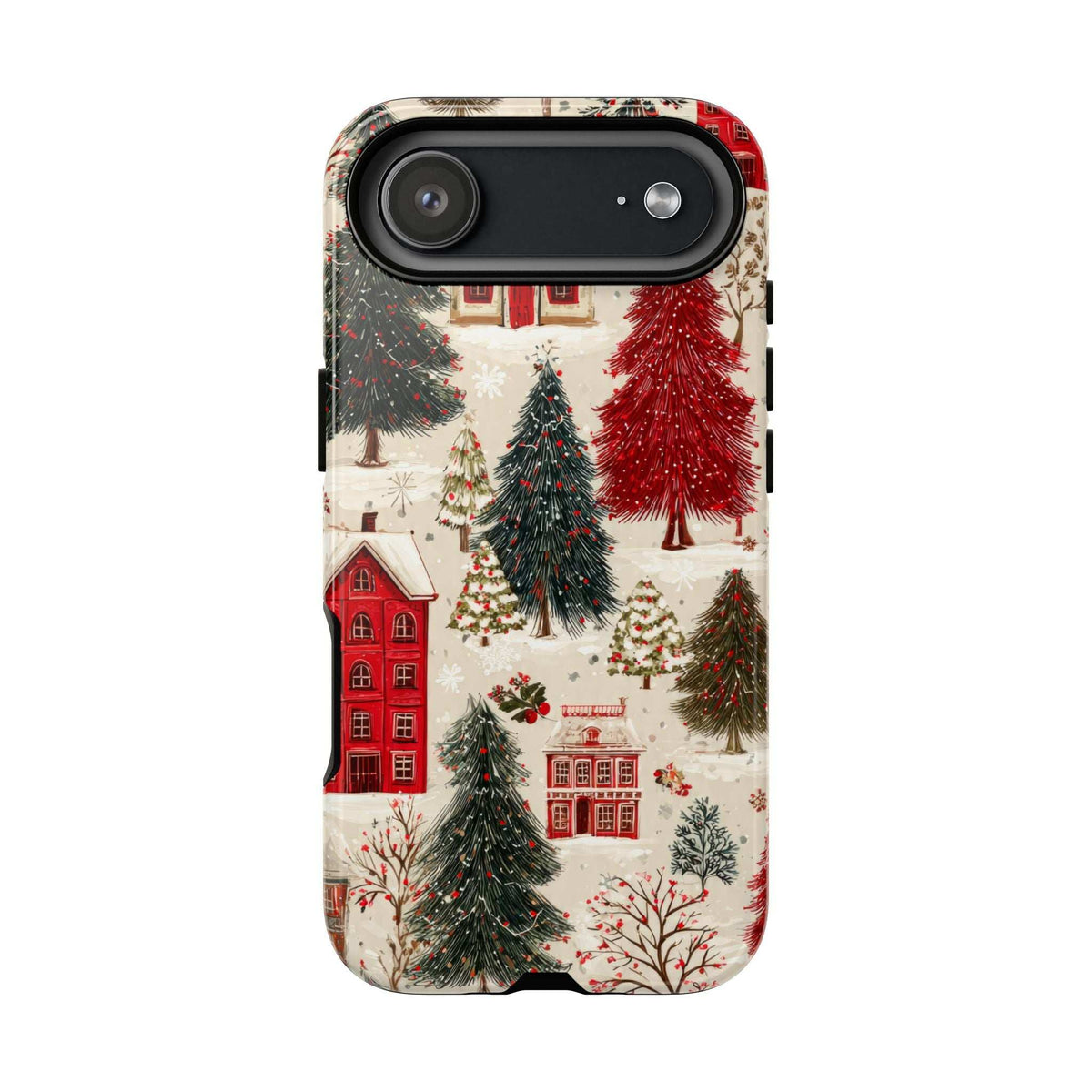 Phone case with winter town scene, red building and fir trees, large horizontal camera cutout