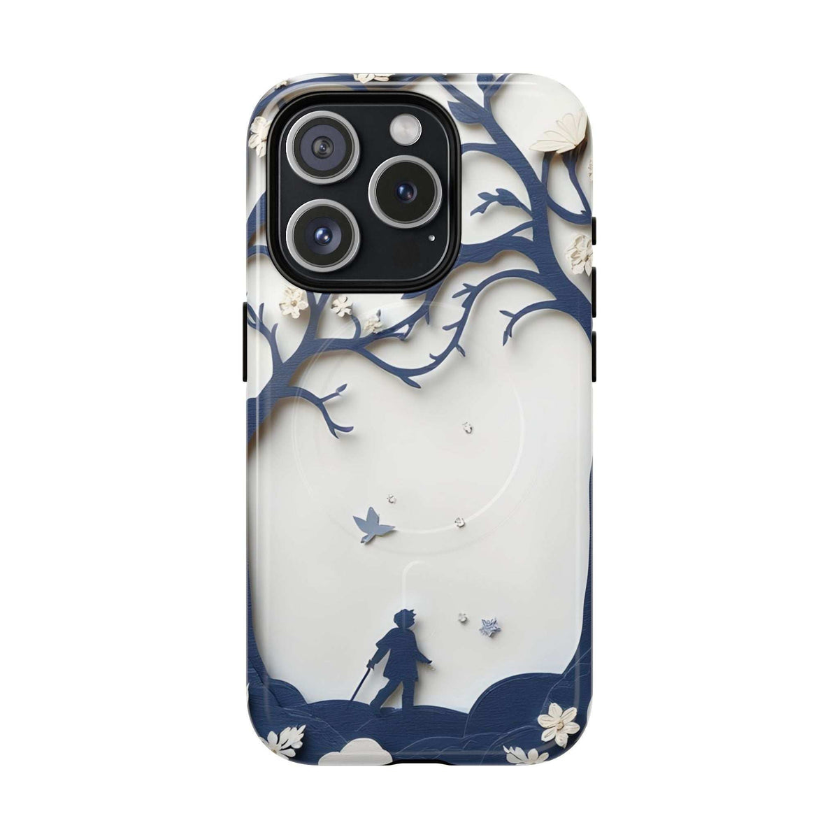 Phone case with blue tree-and-bird design, small star dots, and cutouts for camera and flash