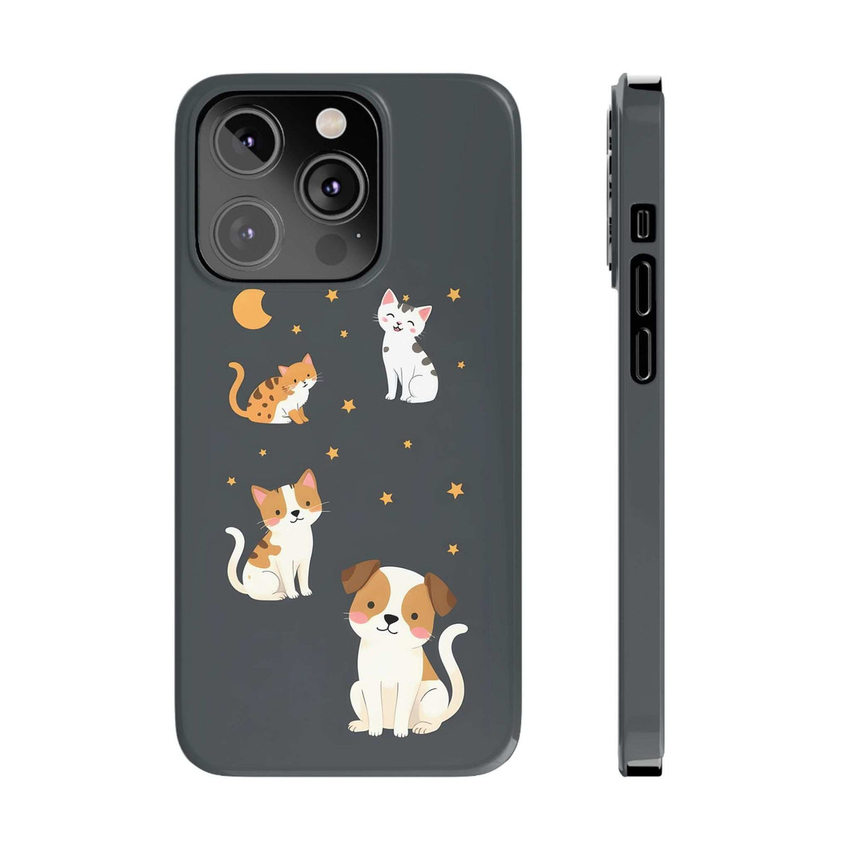 Dark gray iPhone phone case with cat and dog graphic, stars and moon, camera openings