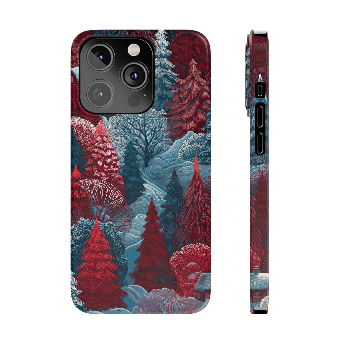 Front and side of phone case with red and teal pine forest design; button openings