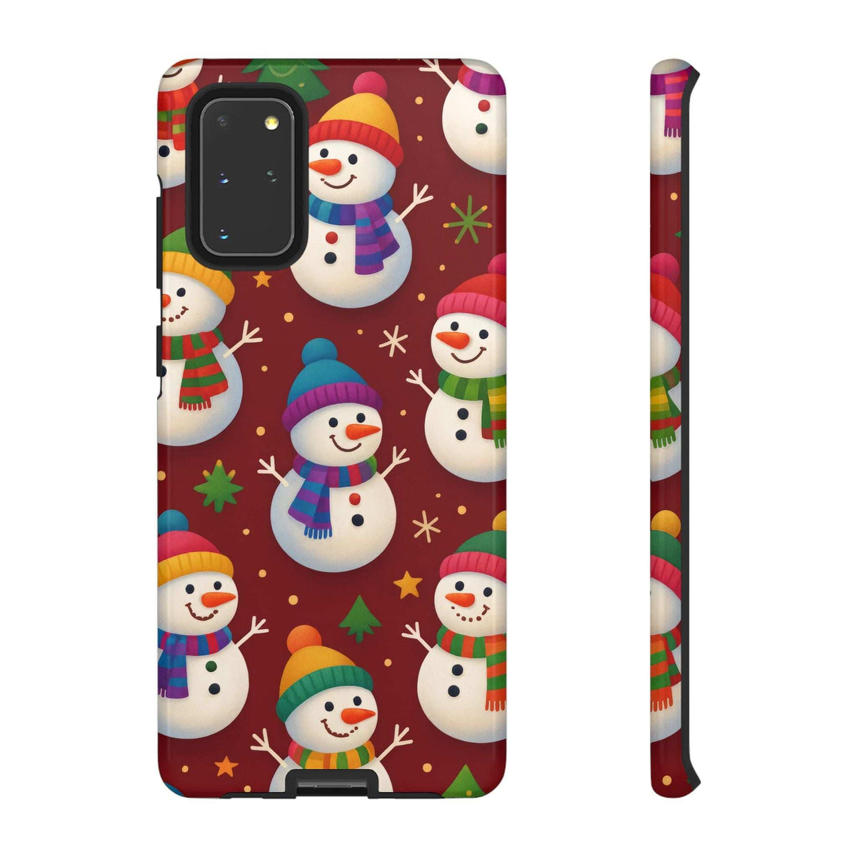 Glossy phone case with festive snowmen pattern; side edge and camera opening visible
