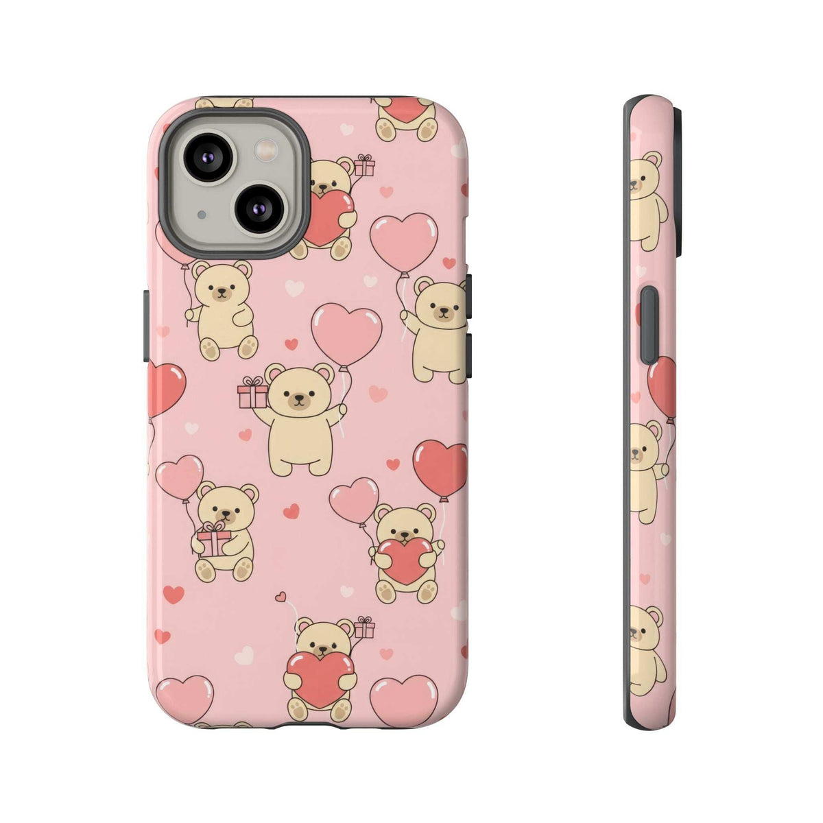Pink teddy bear and hearts phone case with camera cutout and side button access