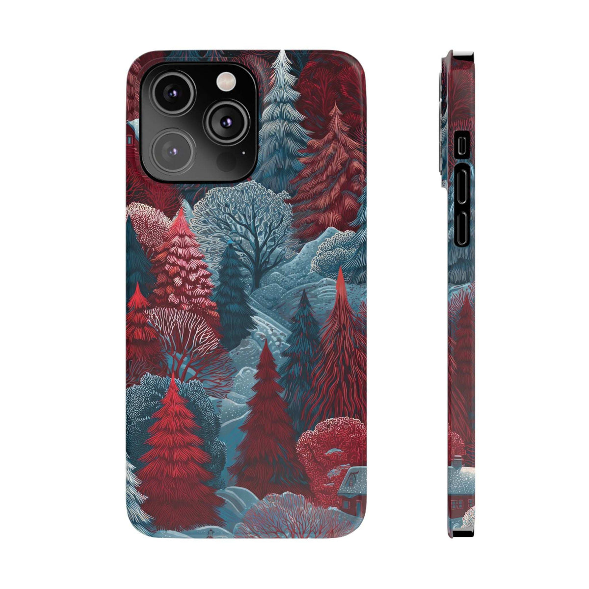 Phone case back with red and blue evergreen scene; cutouts for camera and flash