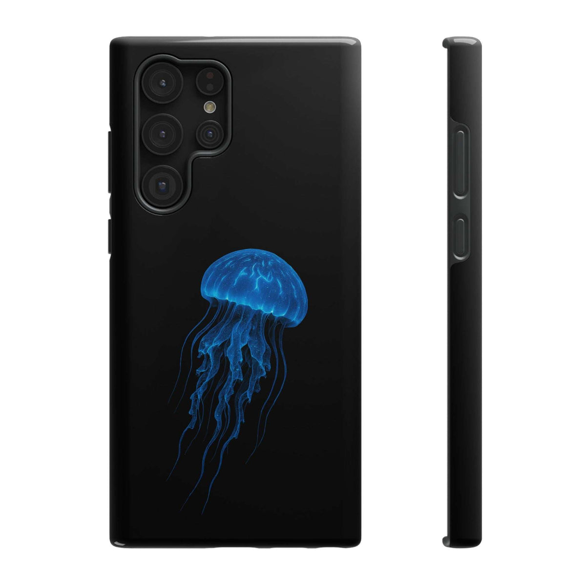 Black phone case with blue jellyfish graphic, rear view with camera openings