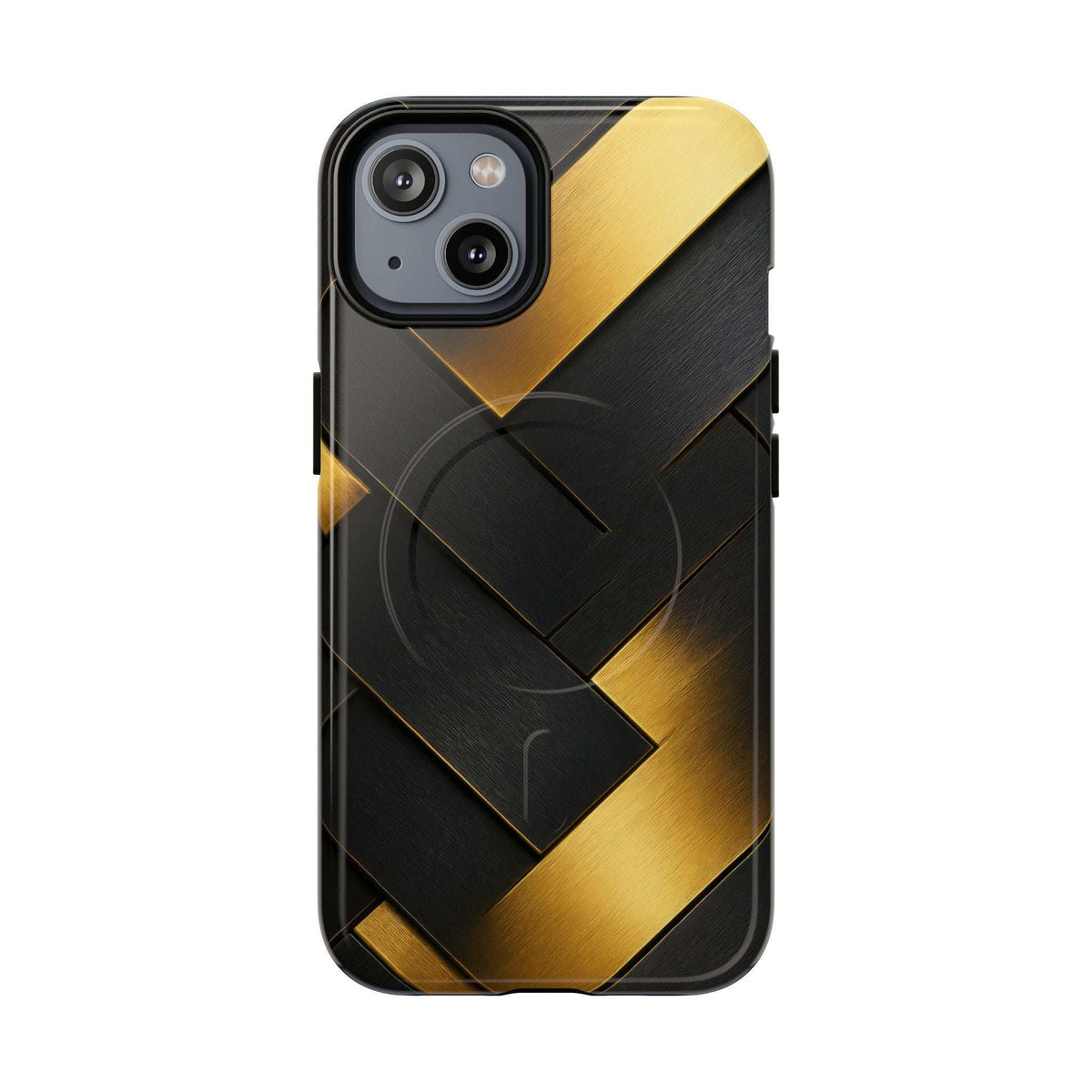 Glossy phone case with black back and gold chevrons, rear view with triple camera opening
