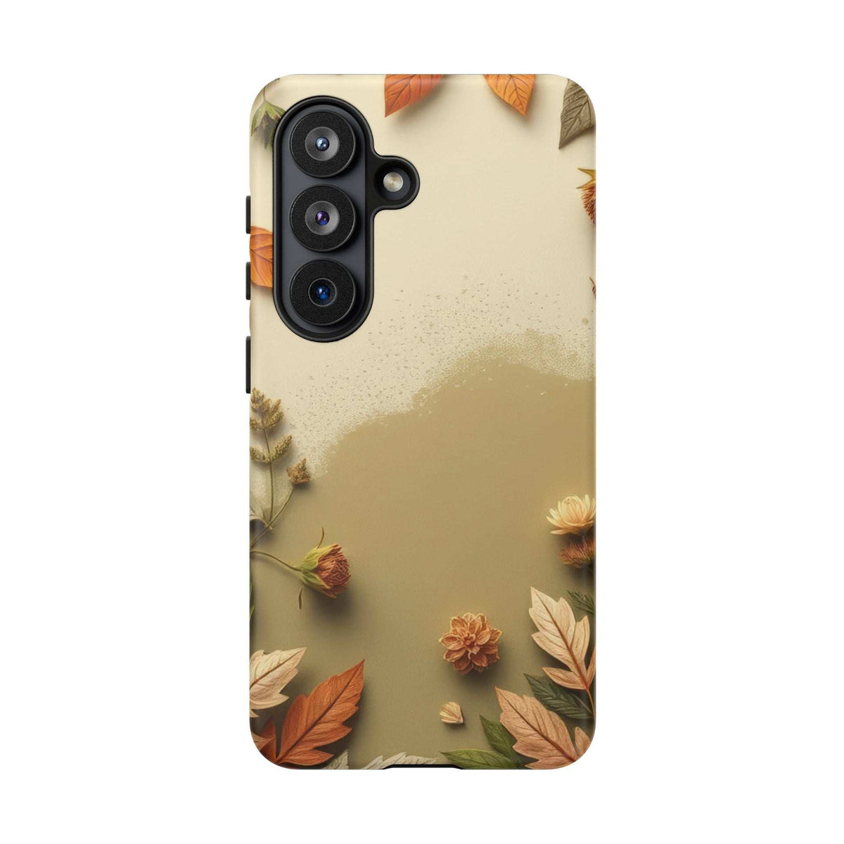 Beige autumn leaves phone case with side buttons and dual-camera cutout