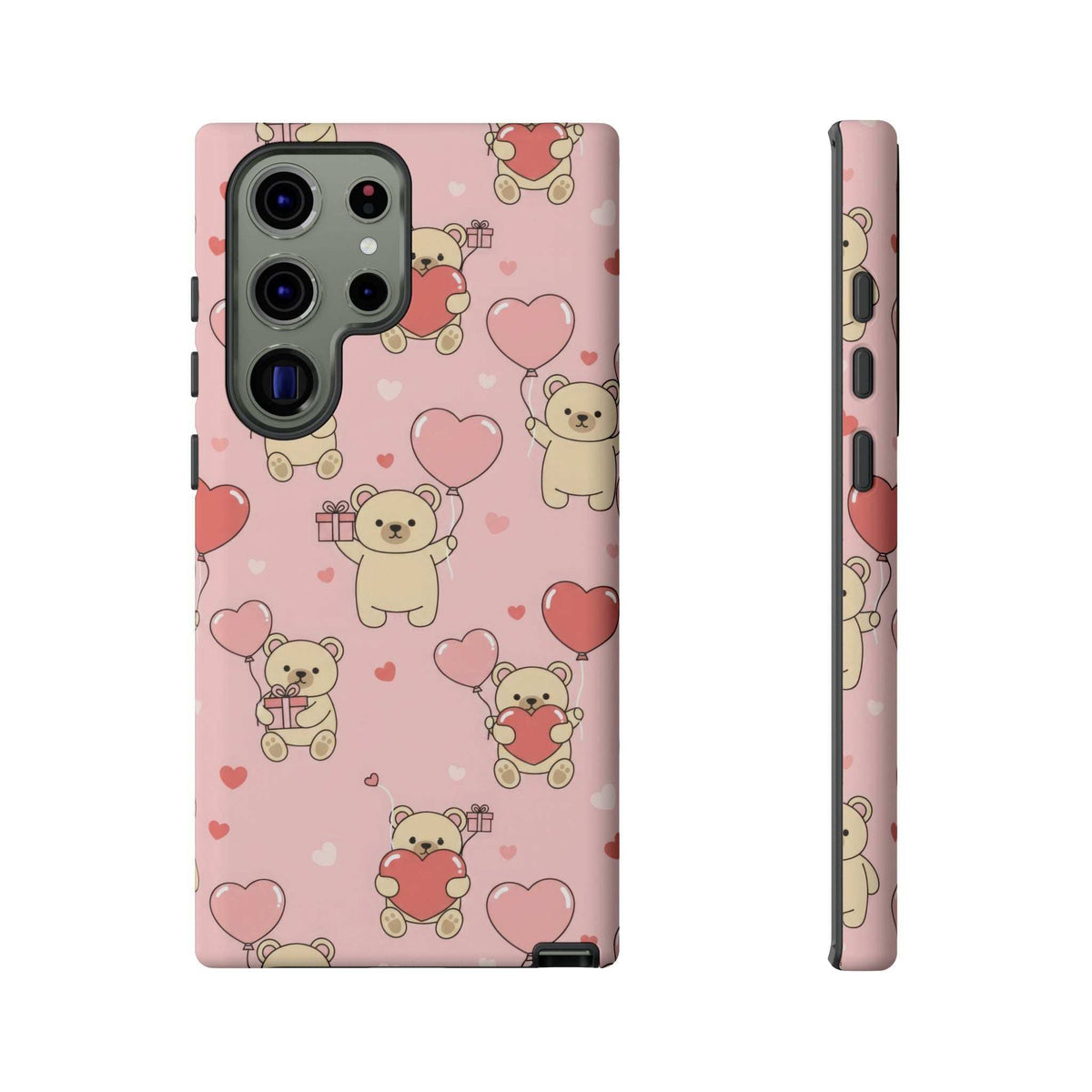 Pink phone case with teddy bear pattern, small red hearts, and camera lens cutouts