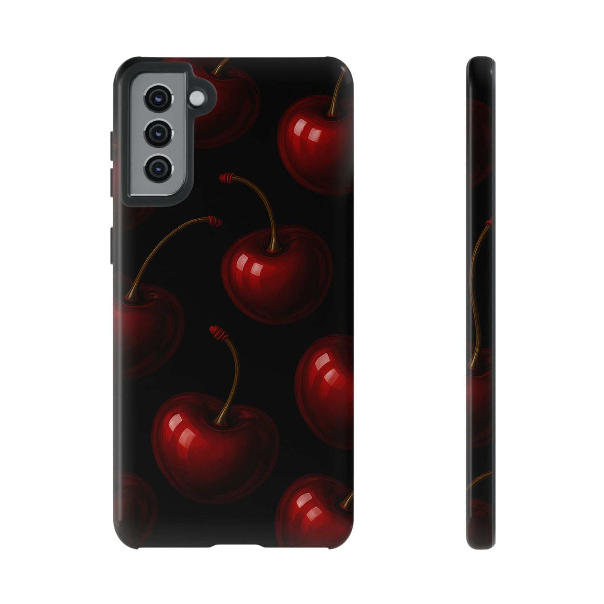 Glossy phone case with red cherry pattern on dark background; camera cutouts and buttons