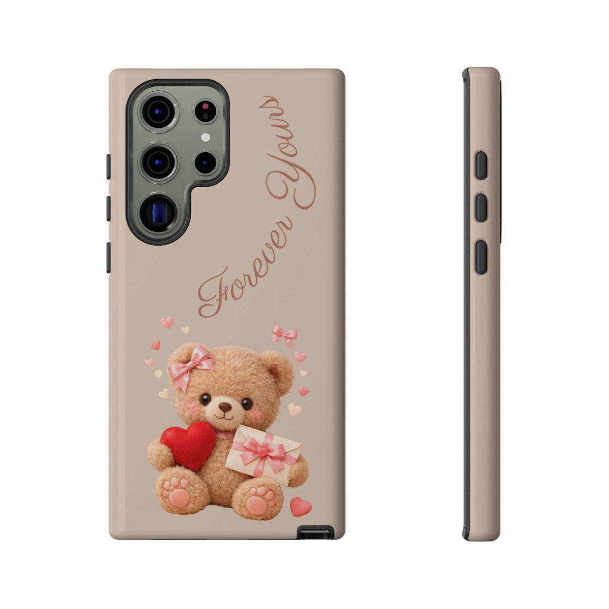 Beige phone case with teddy bear, red heart, and hearts accents; back and side