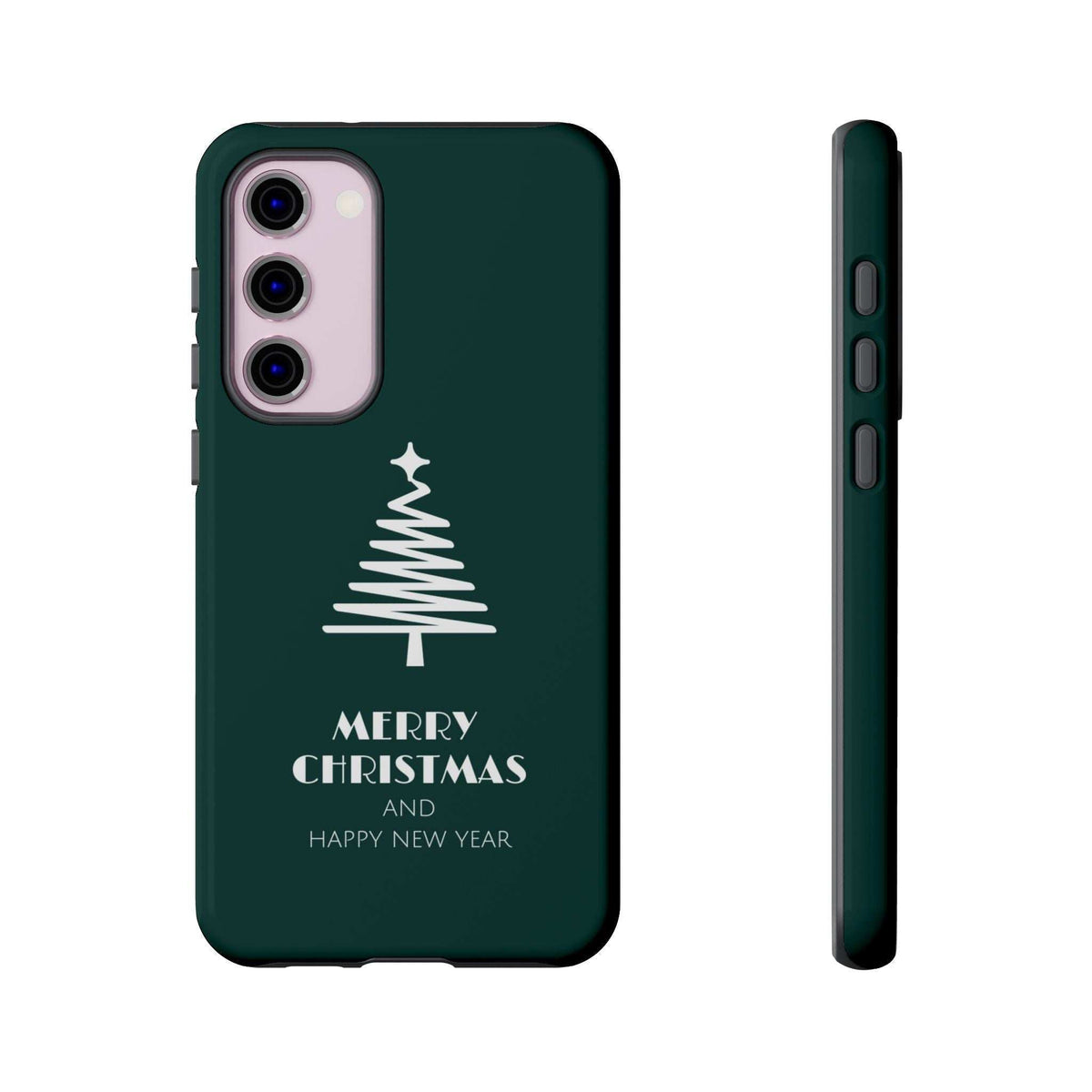 Dark green glossy phone case with white Christmas tree and “Merry Christmas” text