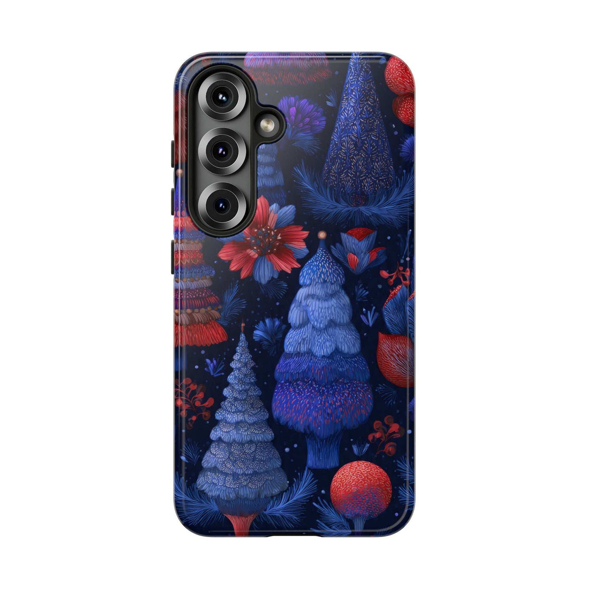 Glossy midnight blue Christmas forest phone case with pine trees and red flowers, multi-lens cutout.