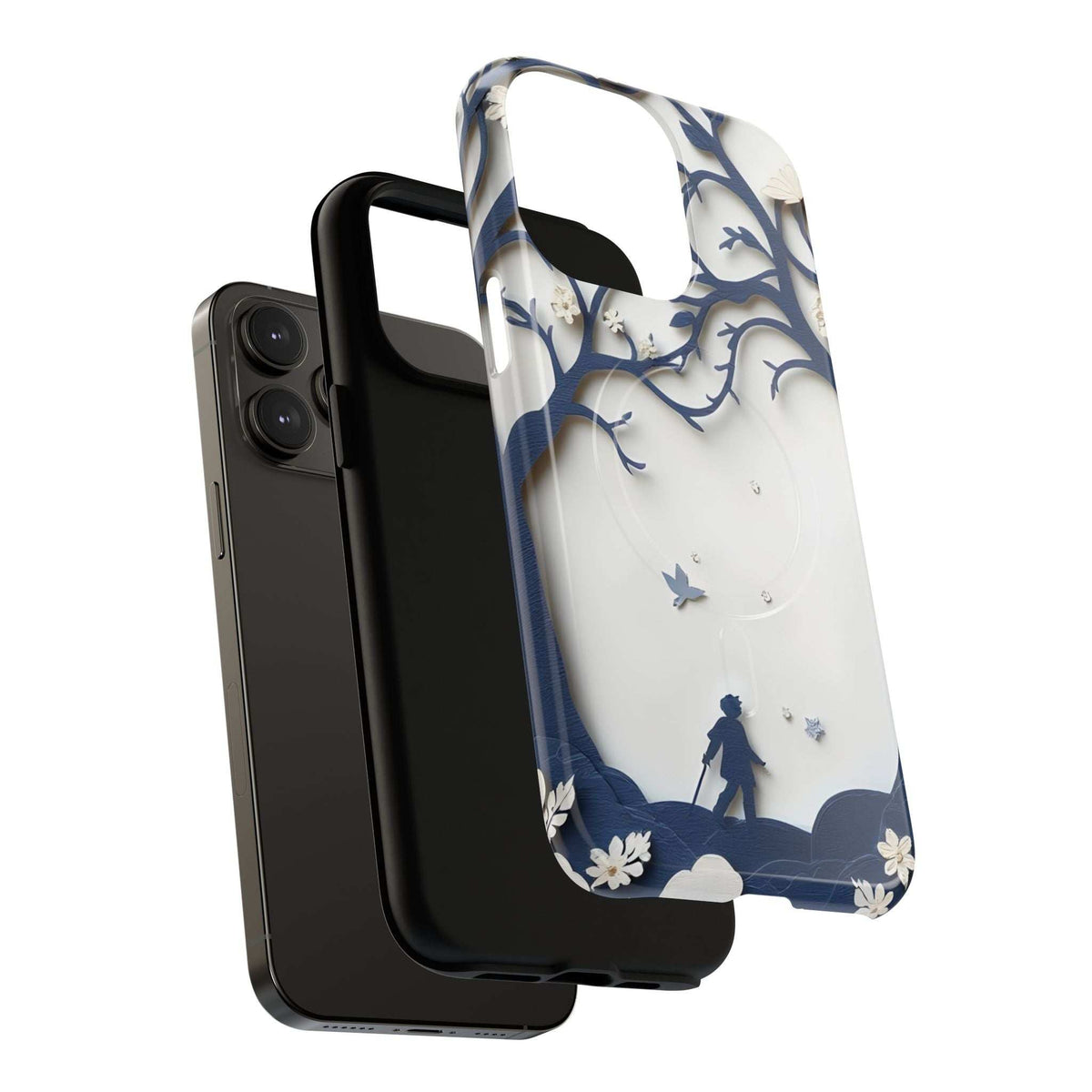 Phone case with blue branches and small silhouettes with floral accents