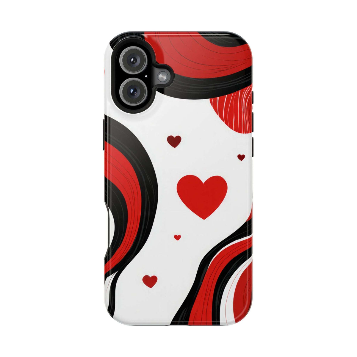 Glossy phone case with red hearts and wavy black/red patterns on white, camera cutout at top left