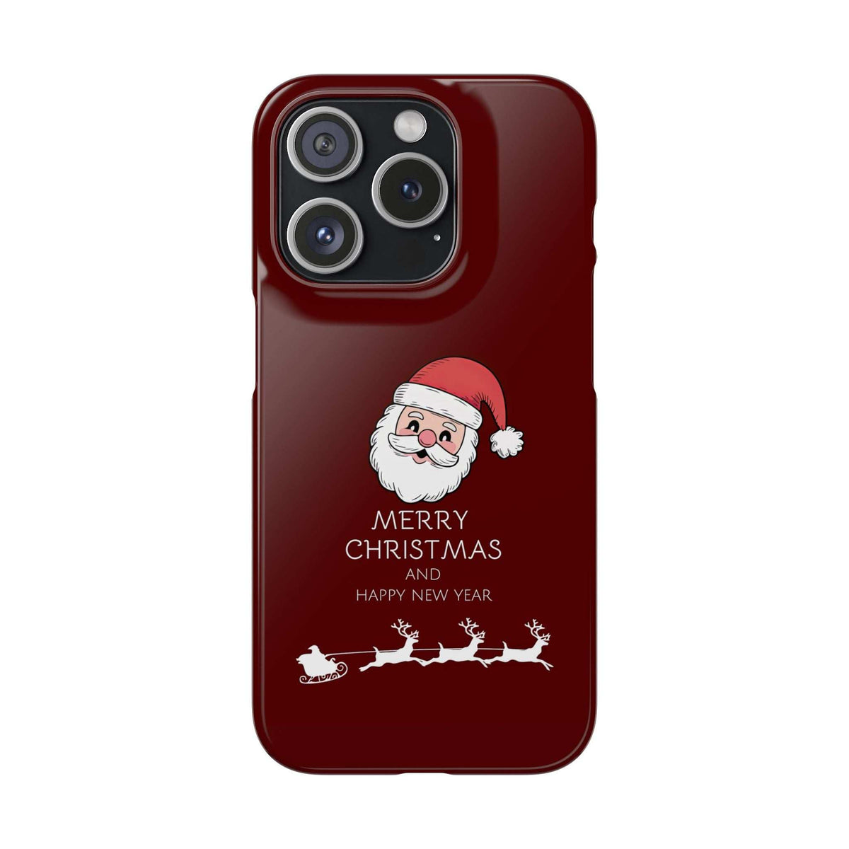 Glossy deep red phone case with Santa graphic, “MERRY CHRISTMAS” lettering, and camera cutout.