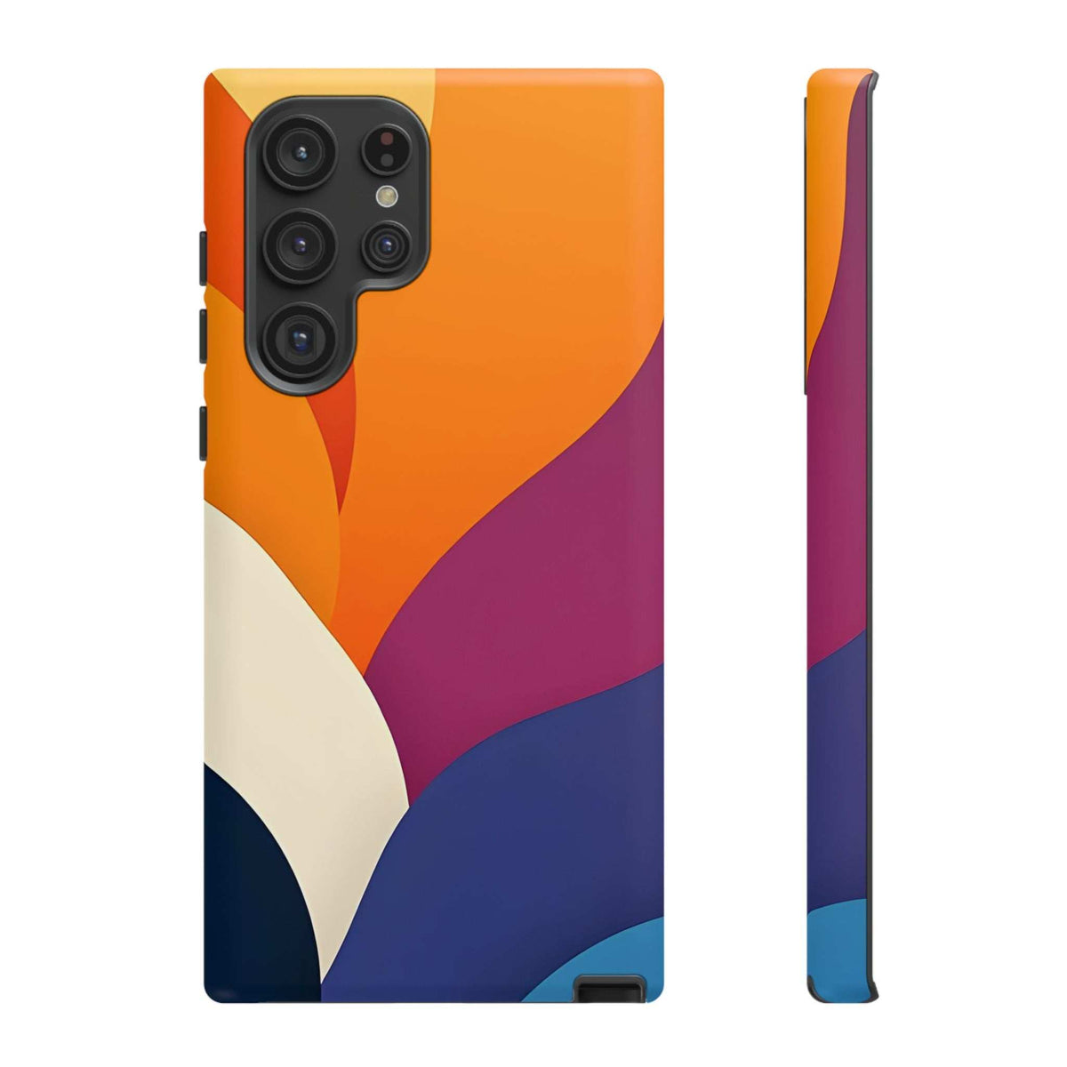 Phone case with orange-magenta abstract design on cream and navy; side edge and buttons.