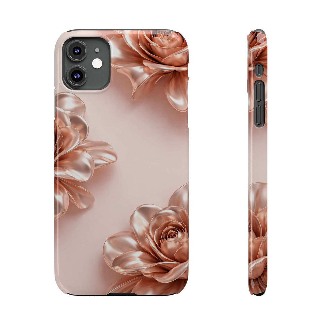 Blush phone case with metallic flower and ribbon design, camera cutouts