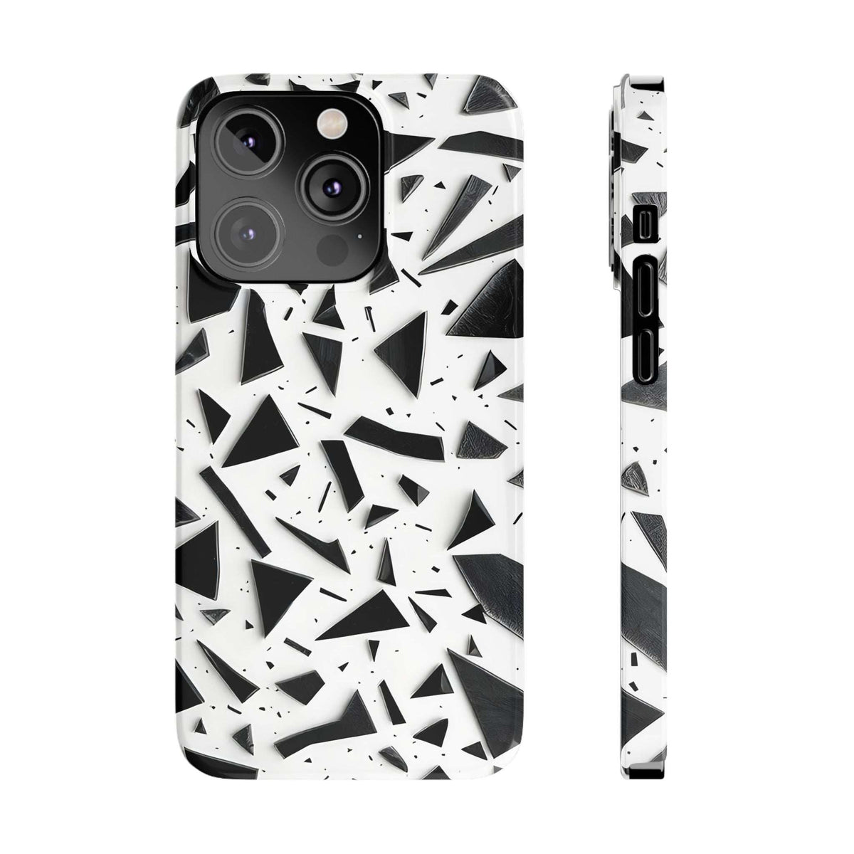 iPhone slim phone case featuring white and black abstract shard pattern