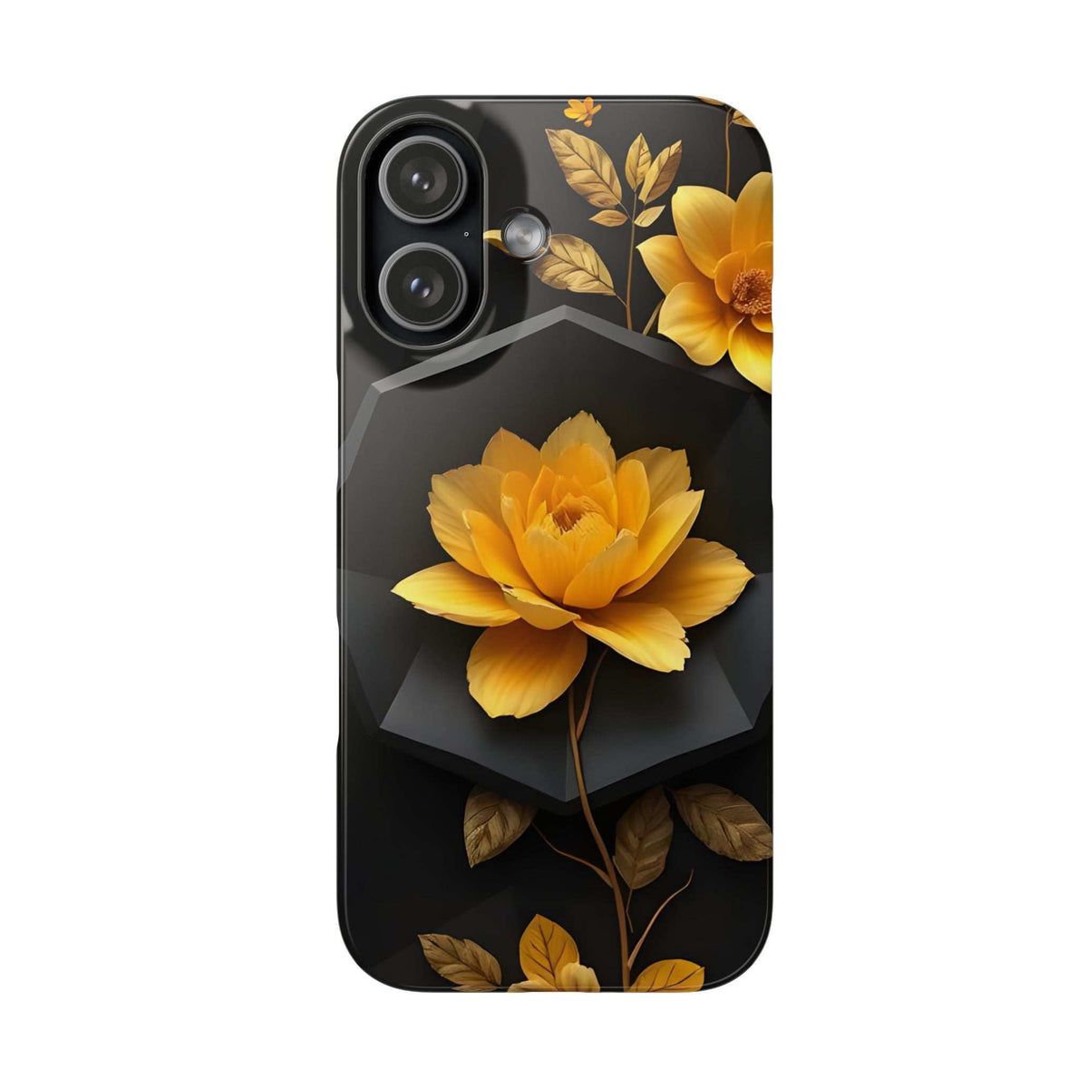 Black phone case with yellow flower and leaf design, camera cutouts