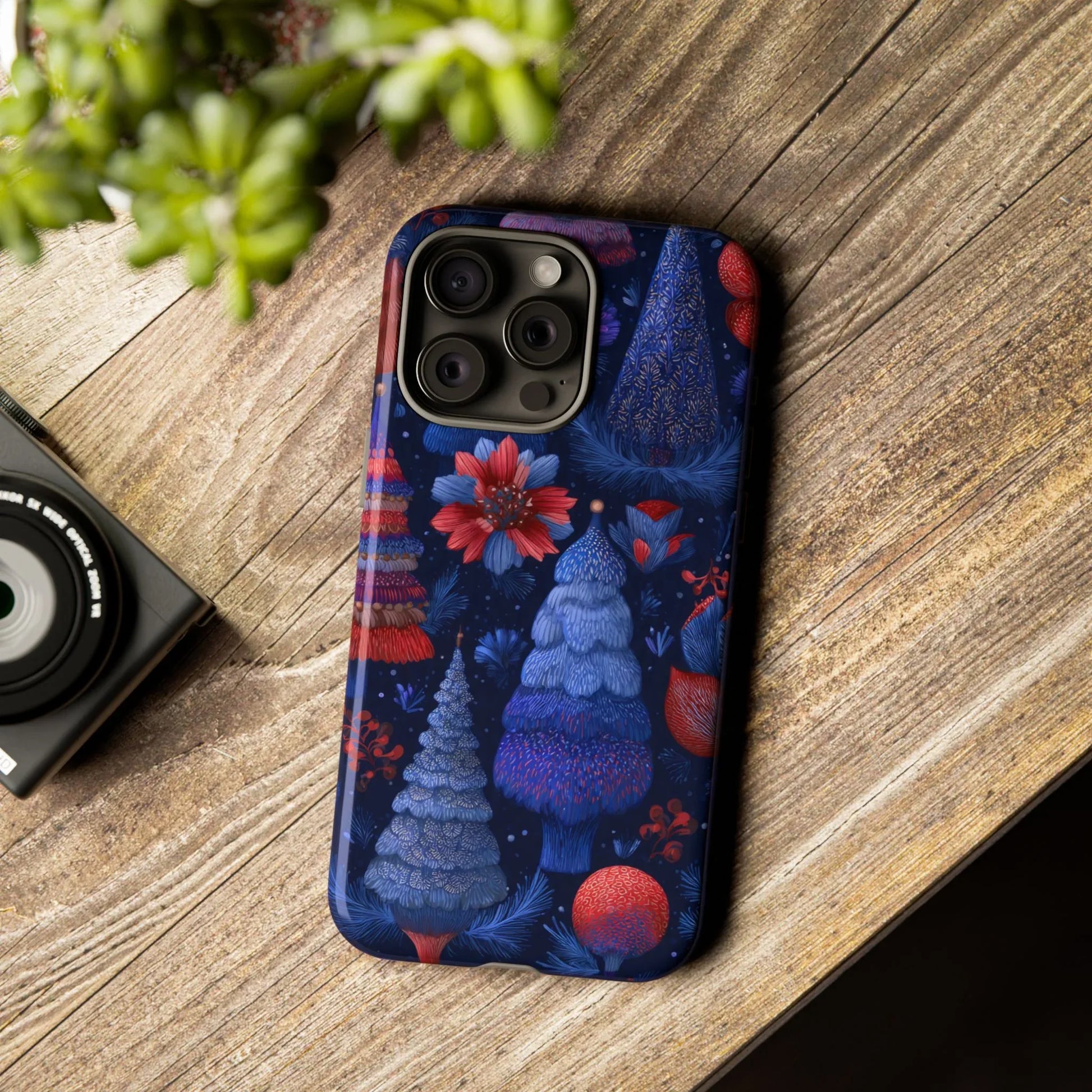 Midnight Blue Christmas Forest Phone Case for iPhone 8-17 and Galaxy S21–S25 - KARARMDESIGN