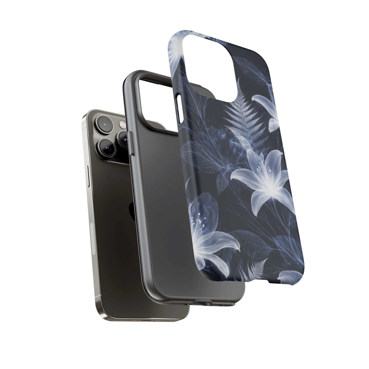 Transparent blue flower and fern phone case with raised corners and camera opening