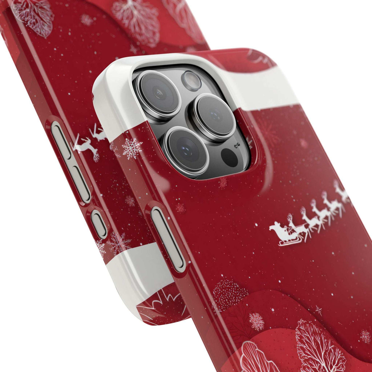 Winter festive iPhone 11-17 phone case close-up, red with white stripe and camera cutouts