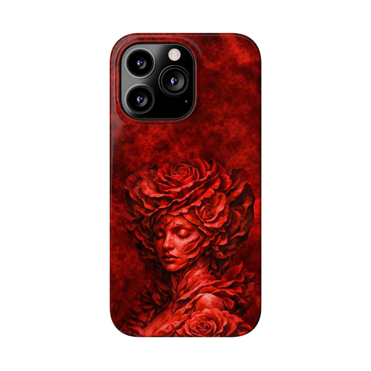 Slim phone case with red rose-girl artwork, visible camera lens openings