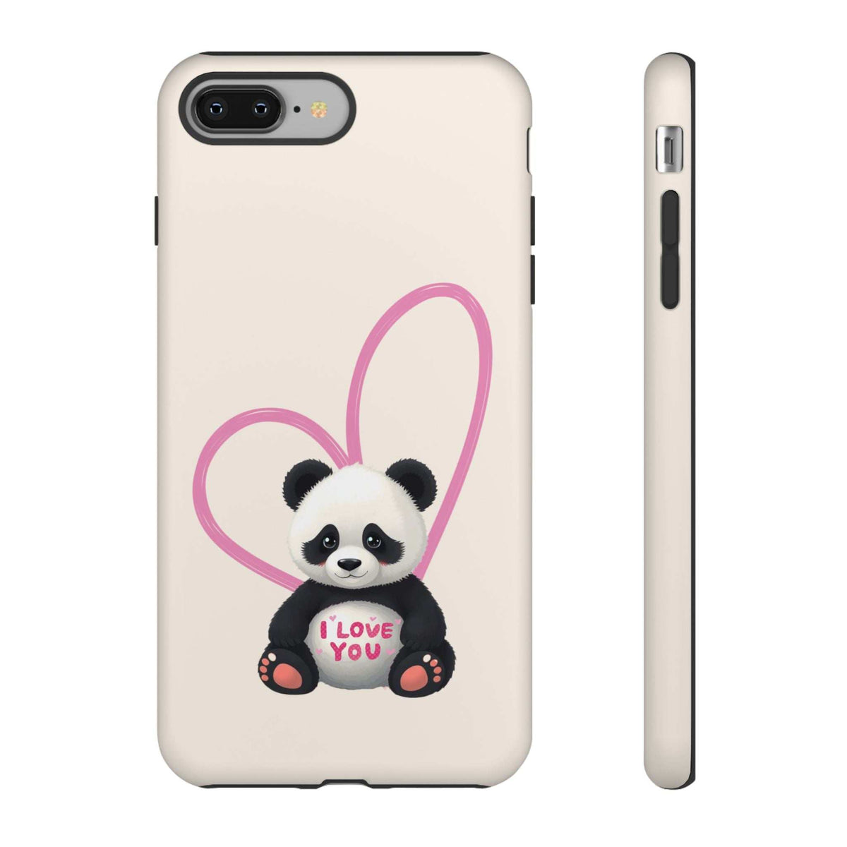 Cute panda heart phone case front view with panda sitting inside pink heart outline