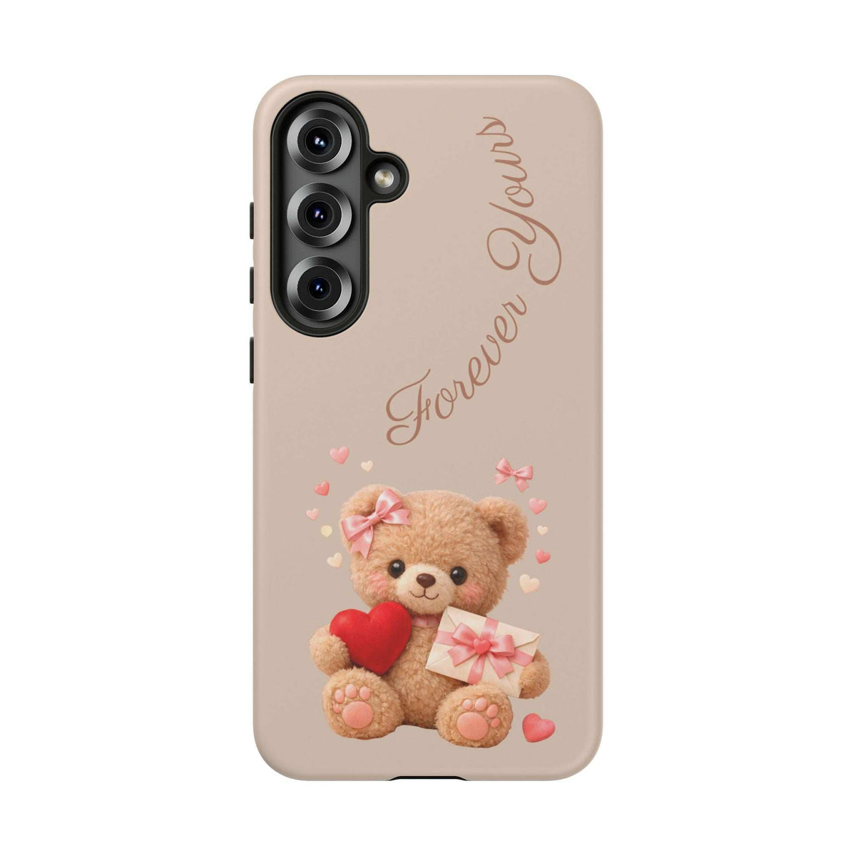 Beige phone case with teddy bear holding a red heart and pink gift, heart accents