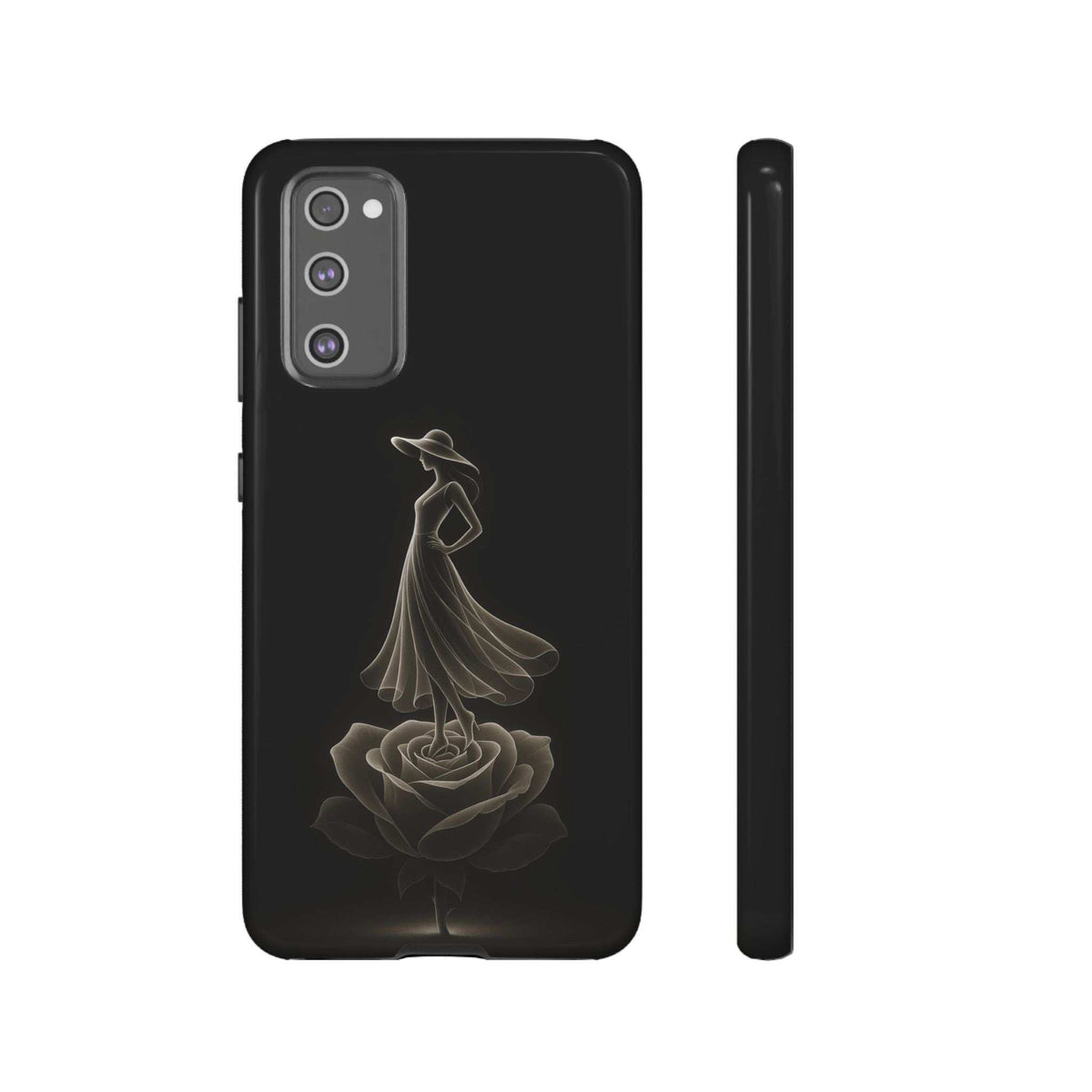Glossy black phone case with floral dancer design and side profile view