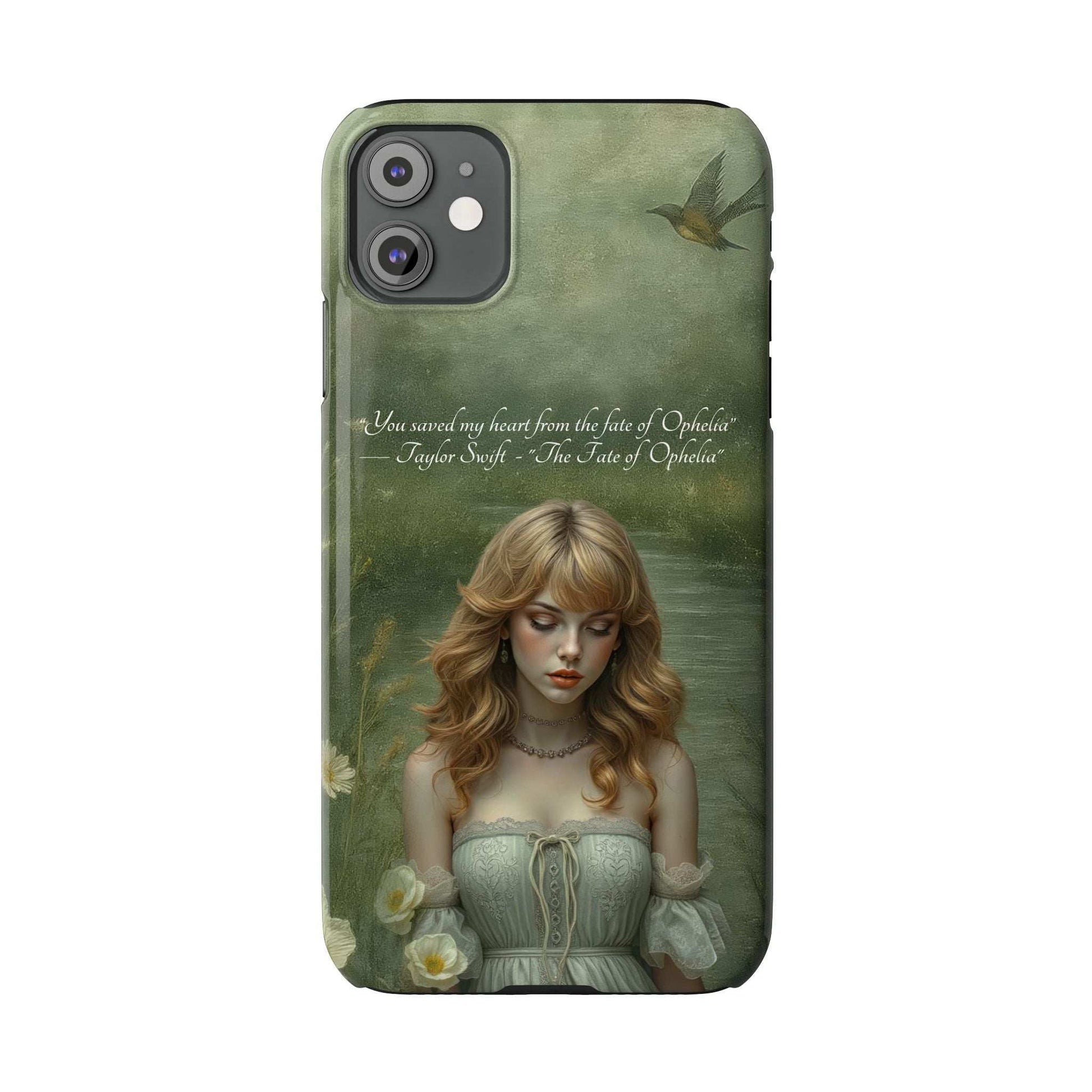 Green phone case with painted woman in blue dress and subtle bird motif; camera cutout