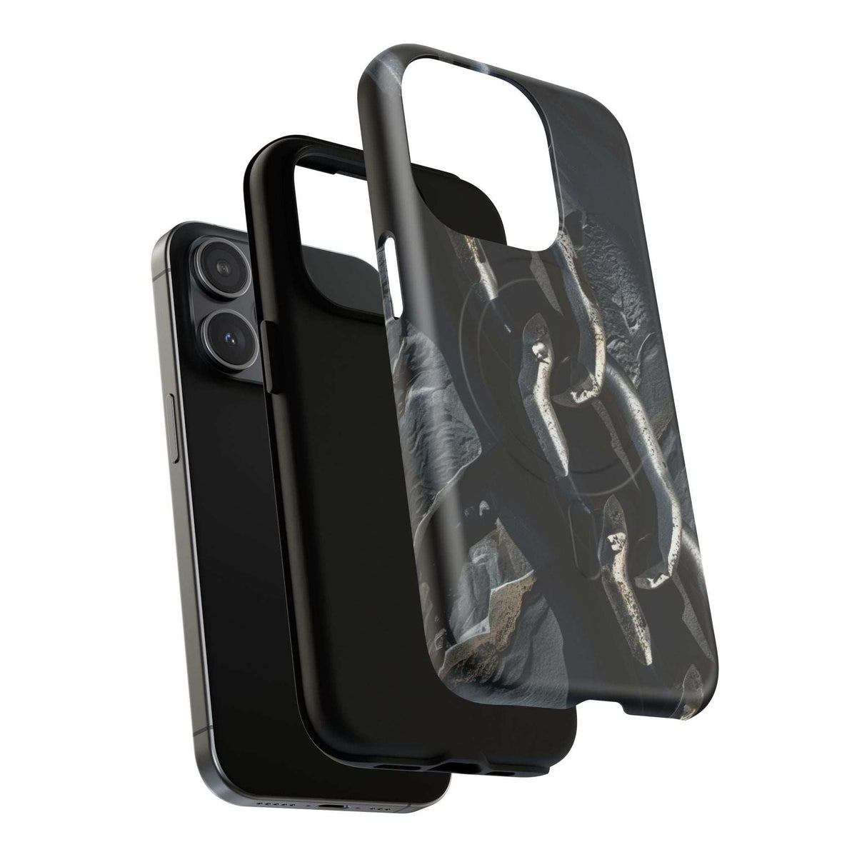 Magnetic phone case, dark iron chain graphic, raised lip around screen opening