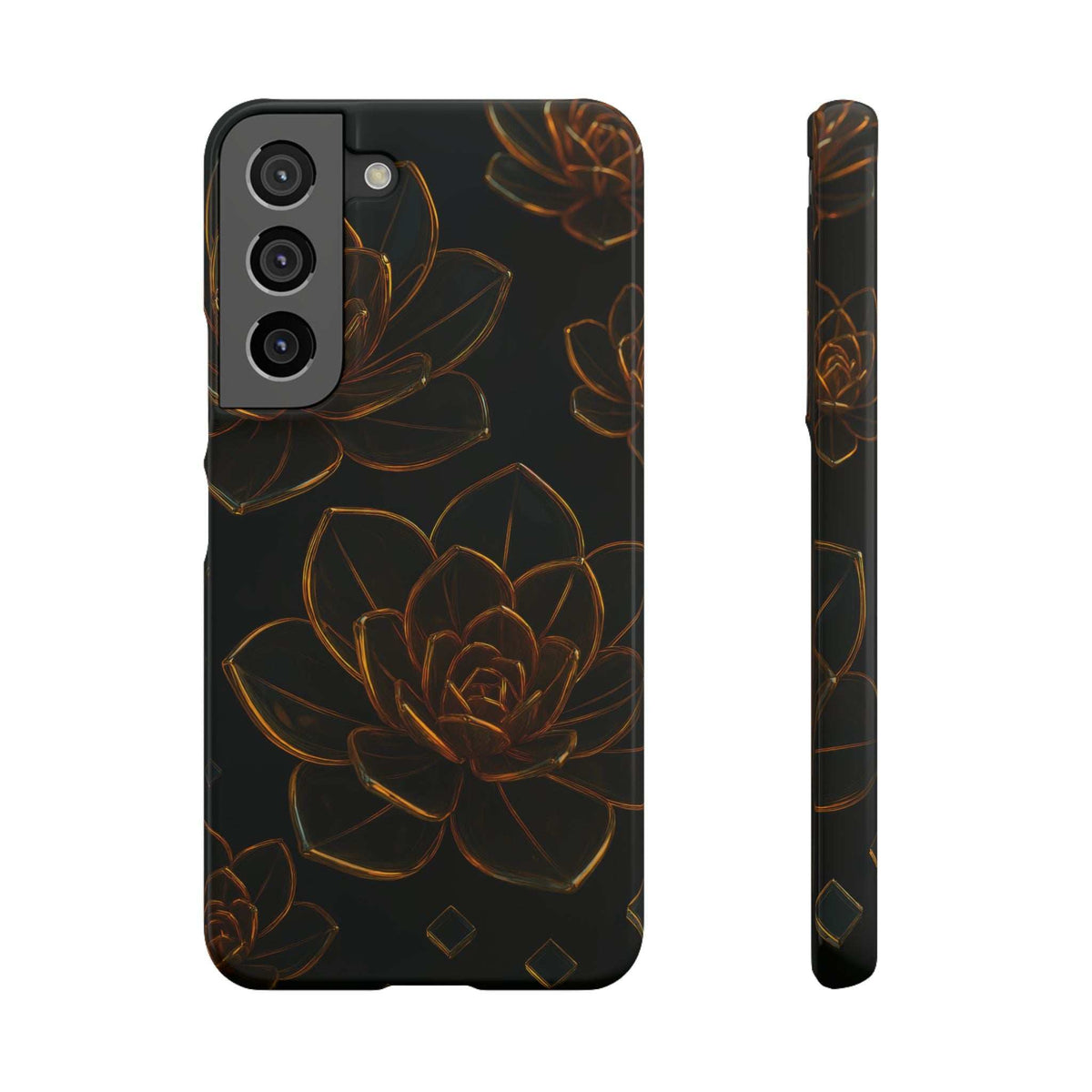 Glossy black glass phone case with gold lotus line art, slim edge view