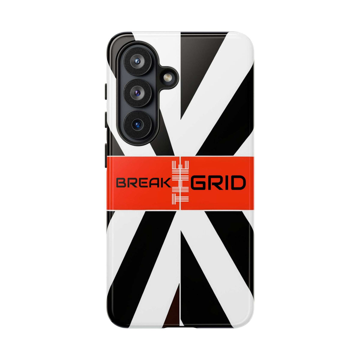 Phone case with black-and-white graphic, red BREAK GRID band, and triple camera cutouts