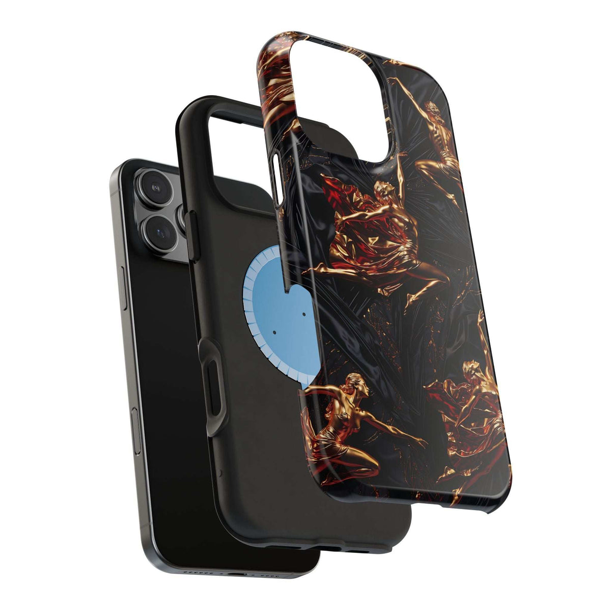 Black phone case with gold sculpture artwork and thick edge bumper