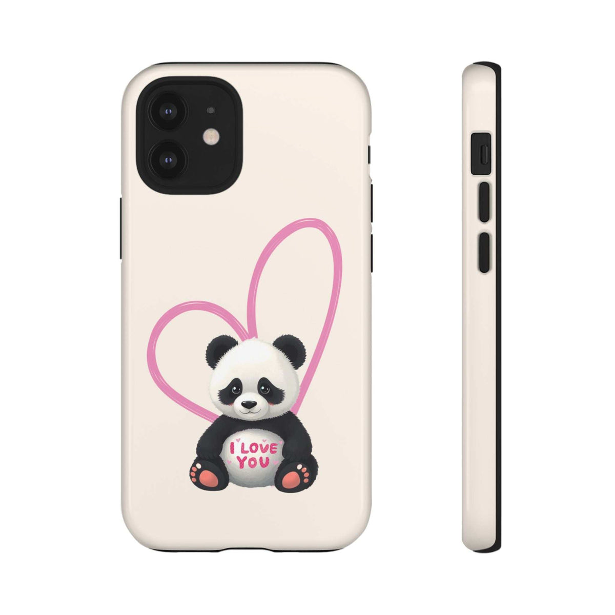 Light cream phone case with panda in pink heart and “I love you” text, with camera cutout