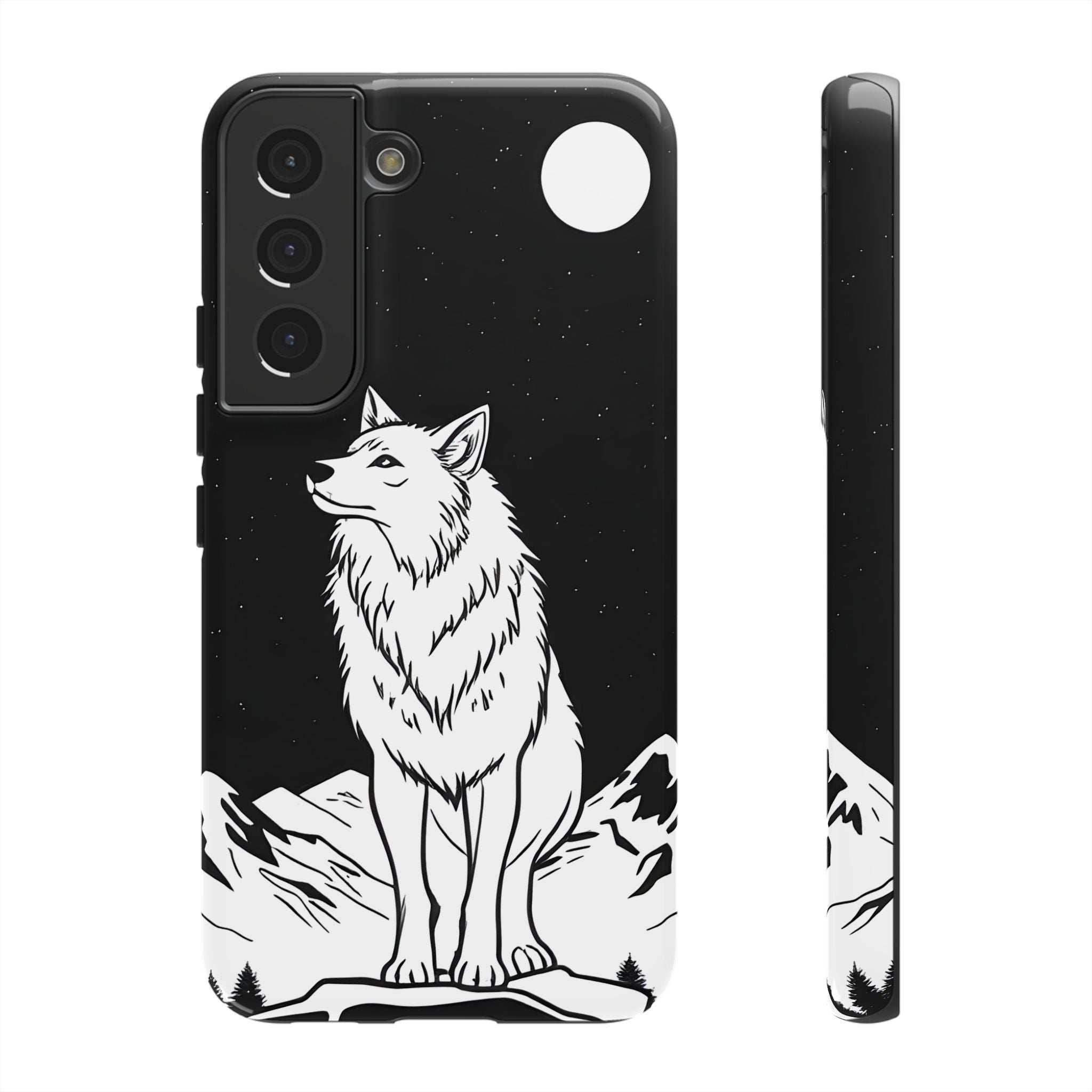 Black phone case with standing white wolf design, moon detail, and rear camera cutouts.