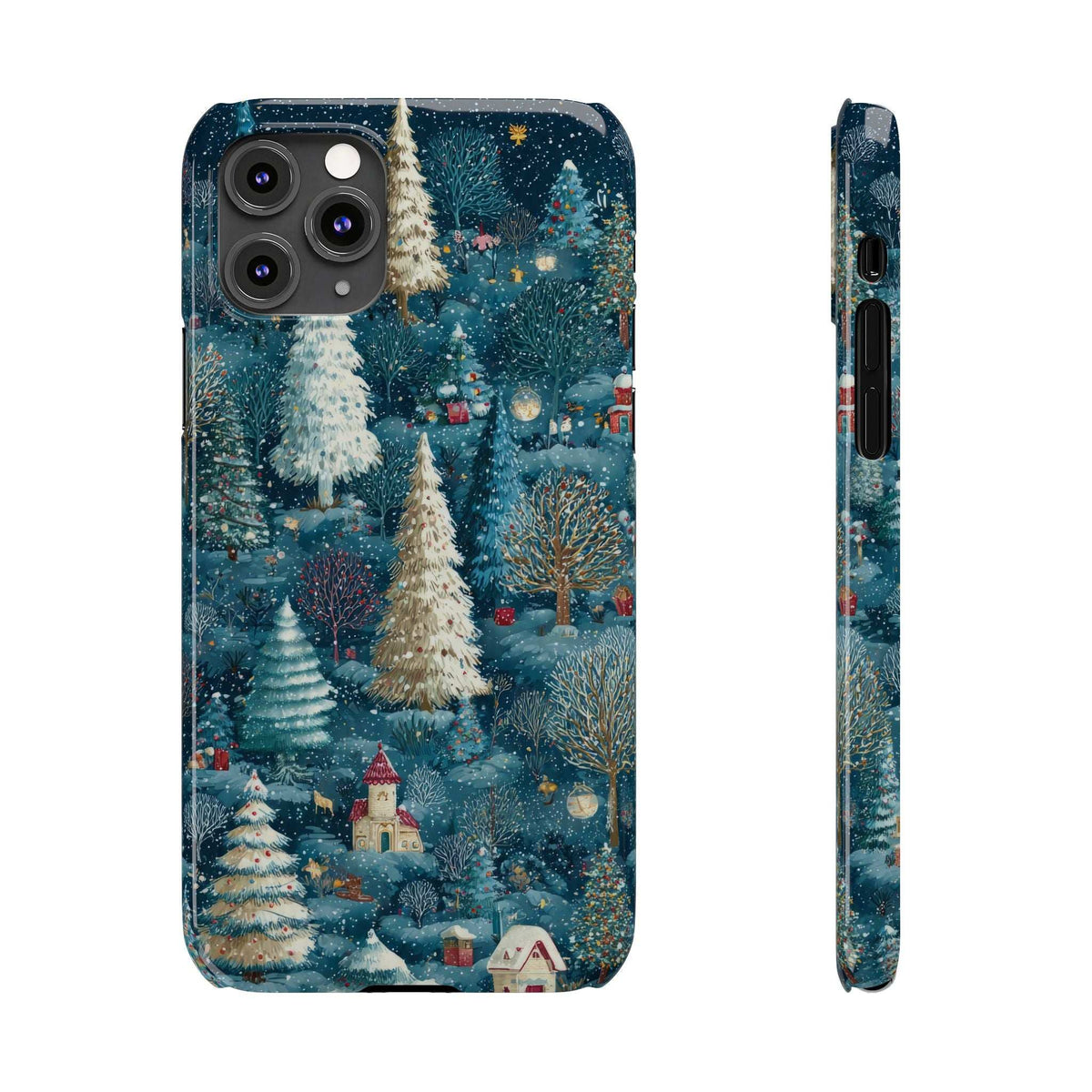 Frosty forest phone case with snowy evergreens and glowing lanterns, side profile.