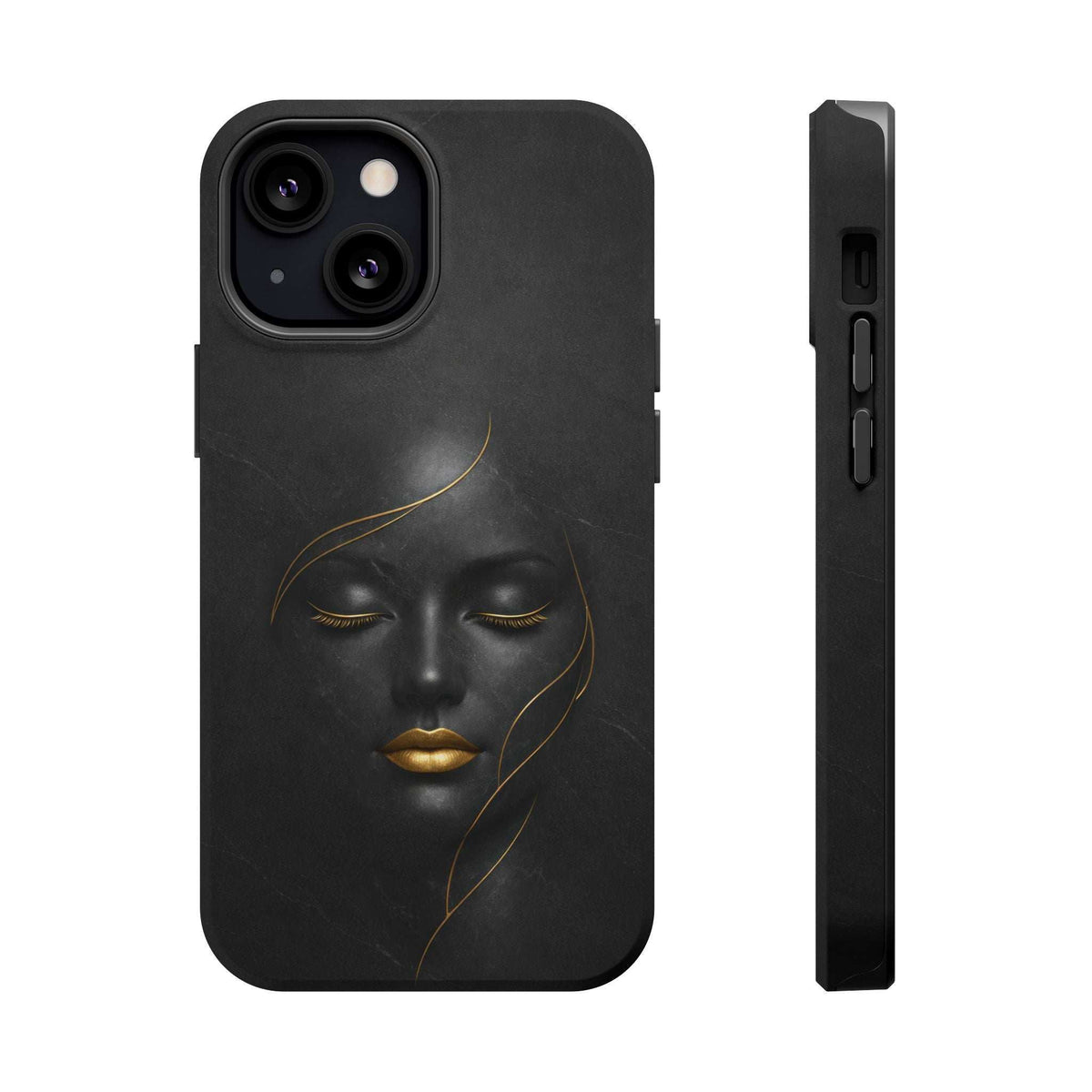 Black iPhone phone case with gold face design; raised camera ring and cutouts
