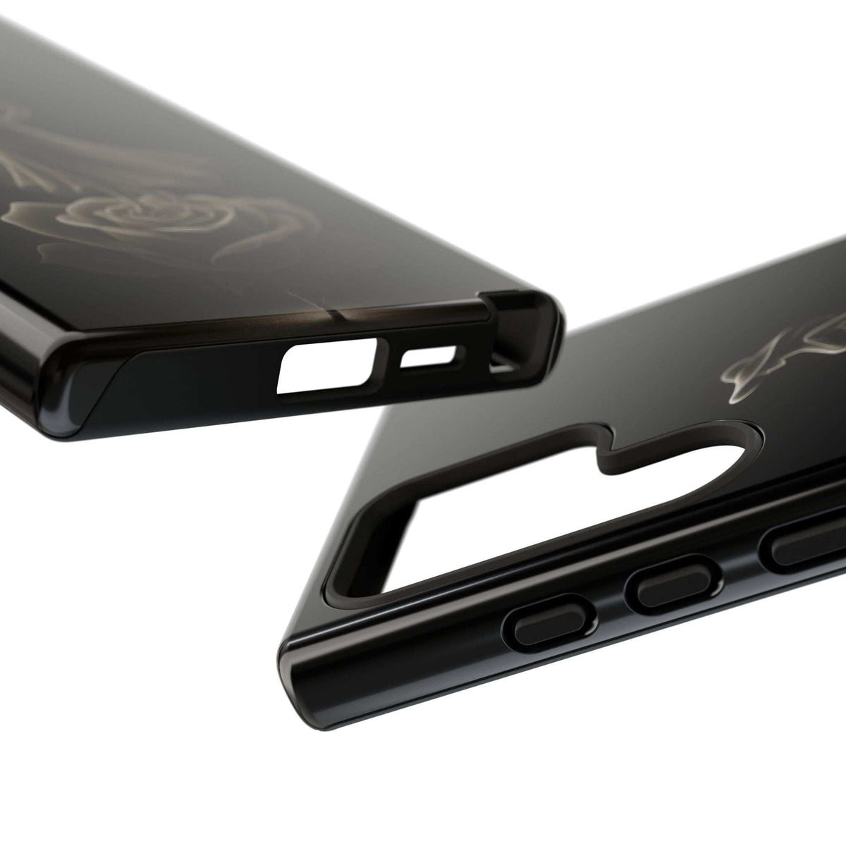 Glossy black phone case side view with button cutouts and port openings