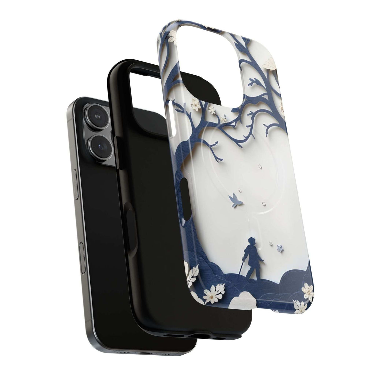 Phone case with blue branch pattern and tiny bird silhouettes on light